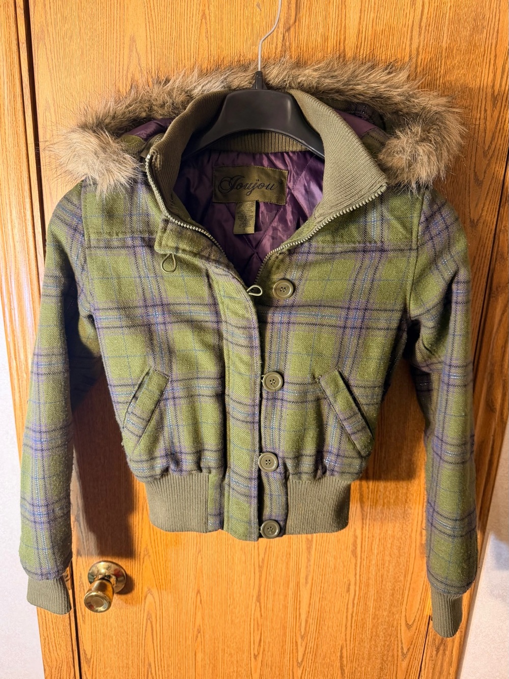 Y2K Jou Jou Wool Blend Plaid Bomber w/ Removable Faux Fur Hood
